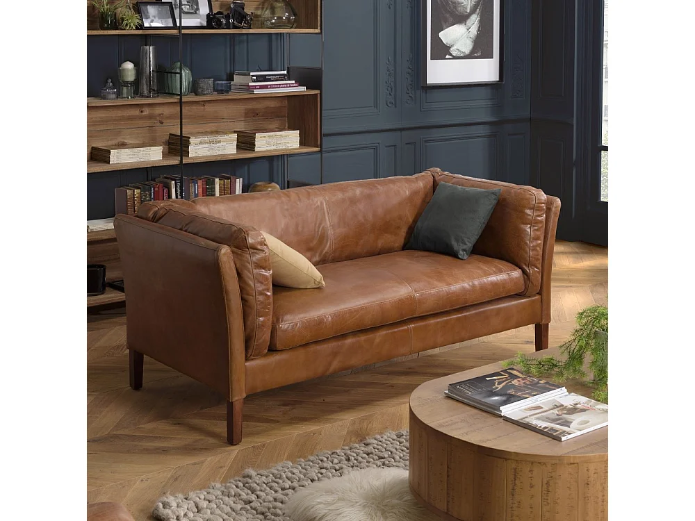 GASTON - Canapé marron MILANO vintage cuir 3 places pieds bois