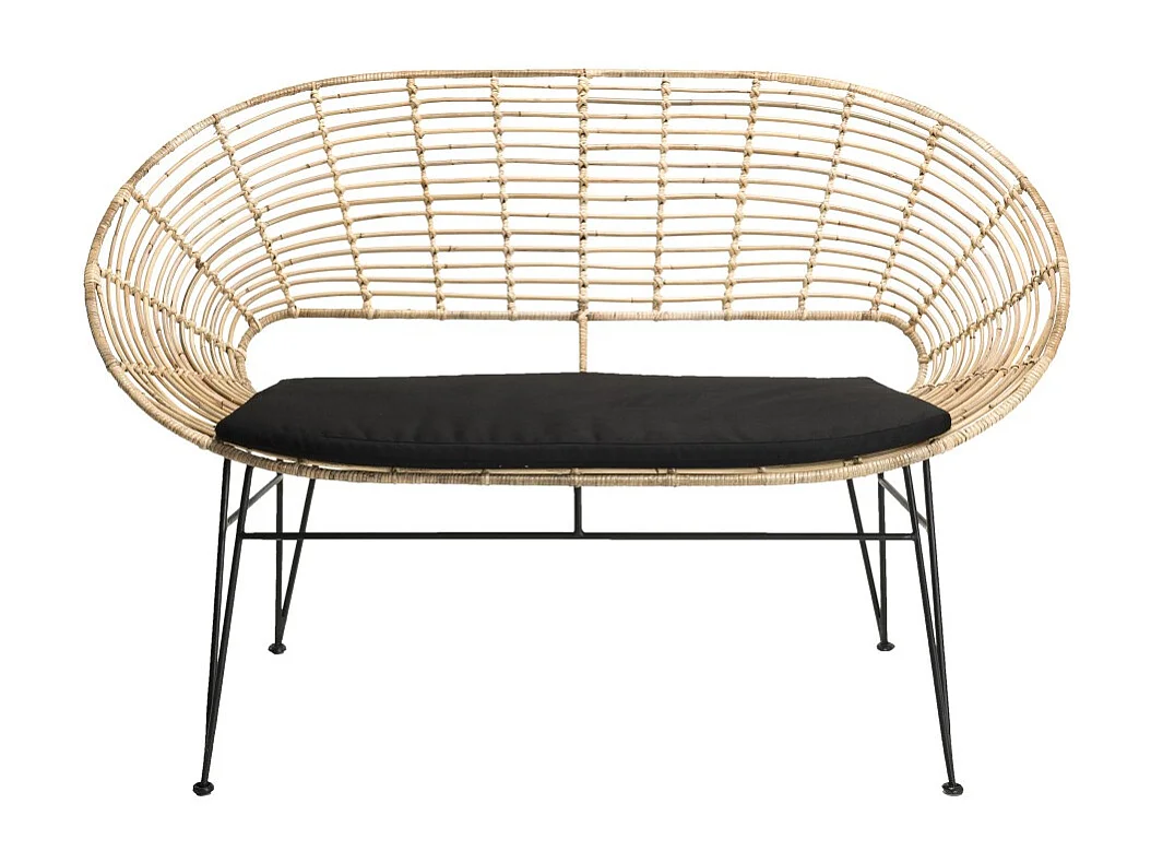 CAMILLE - Canapé 2 places rotin naturel NEWPORT coussin noir pieds métal