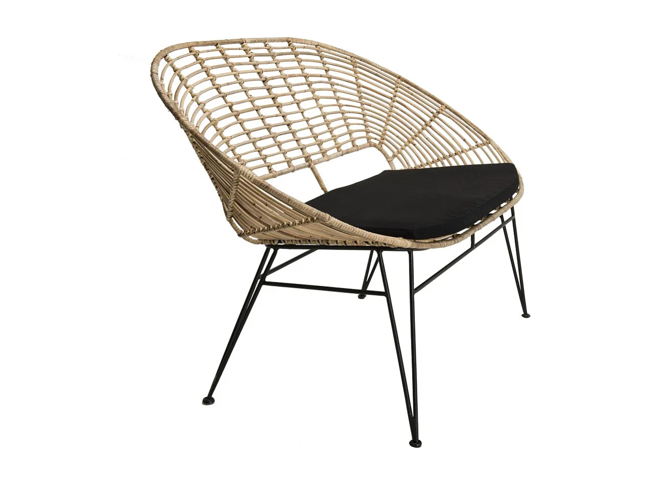 CAMILLE - Canapé 2 places rotin naturel NEWPORT coussin noir pieds métal