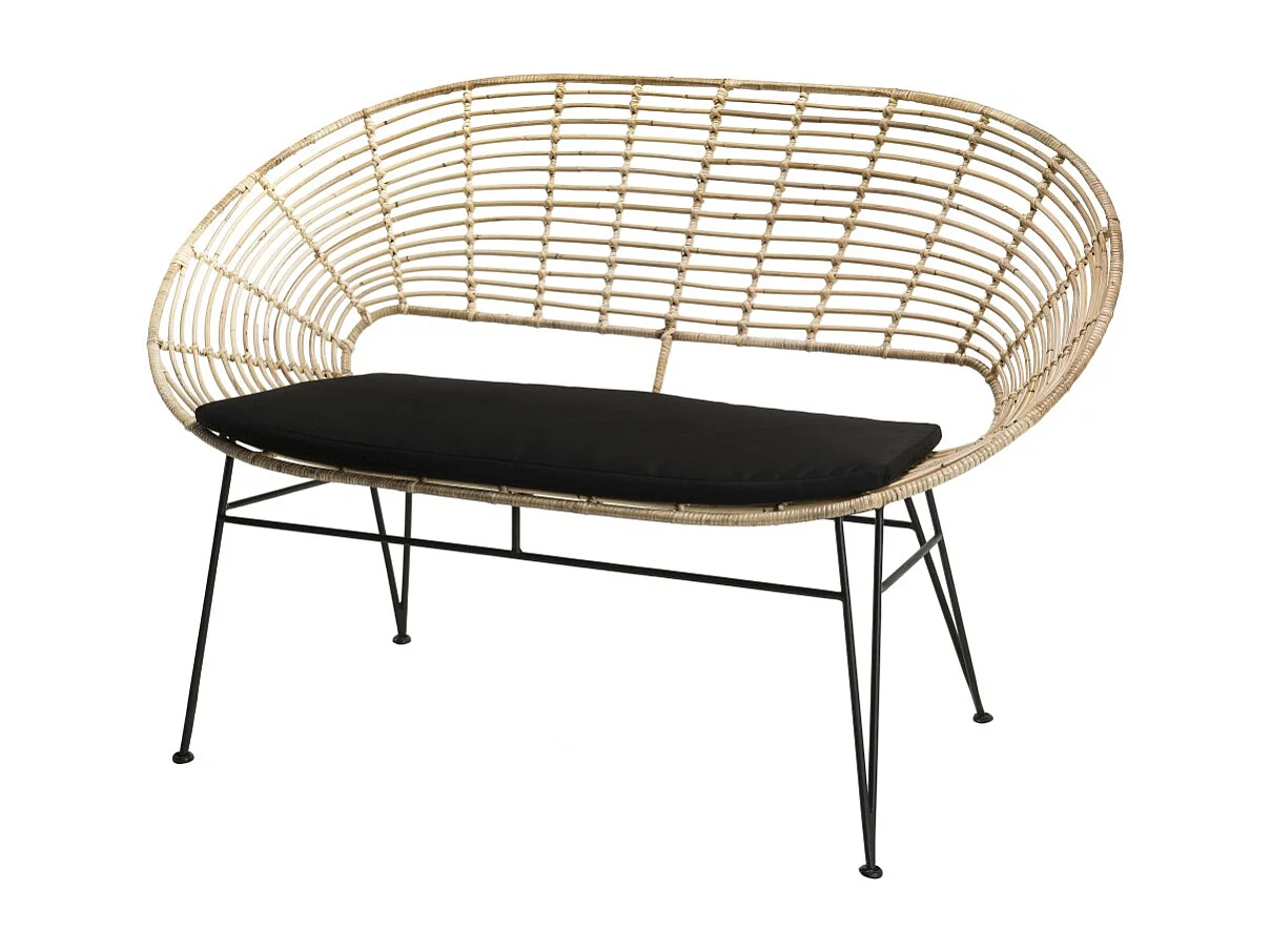 CAMILLE - Canapé 2 places rotin naturel NEWPORT coussin noir pieds métal