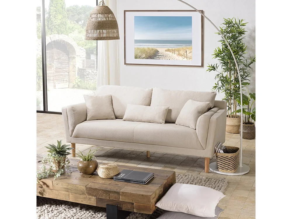 NELSON - Canapé beige 3 places pieds en bois