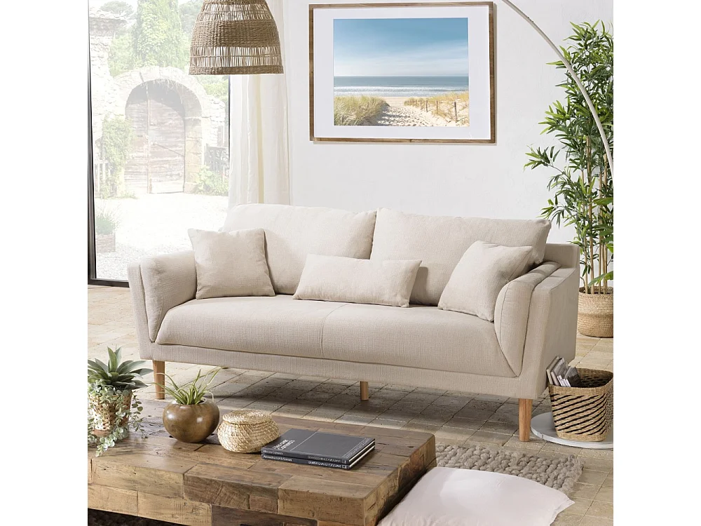 NELSON - Canapé beige 3 places pieds en bois