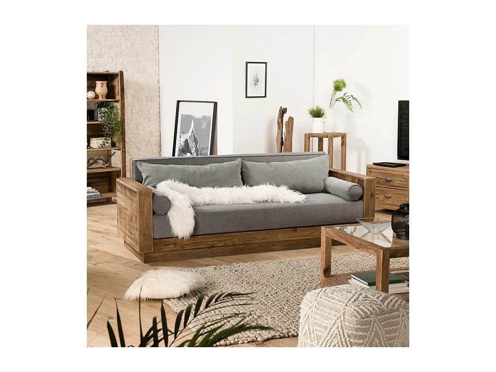 SANDY - Canapé 3 places bois Pin recyclé marron tissu gris