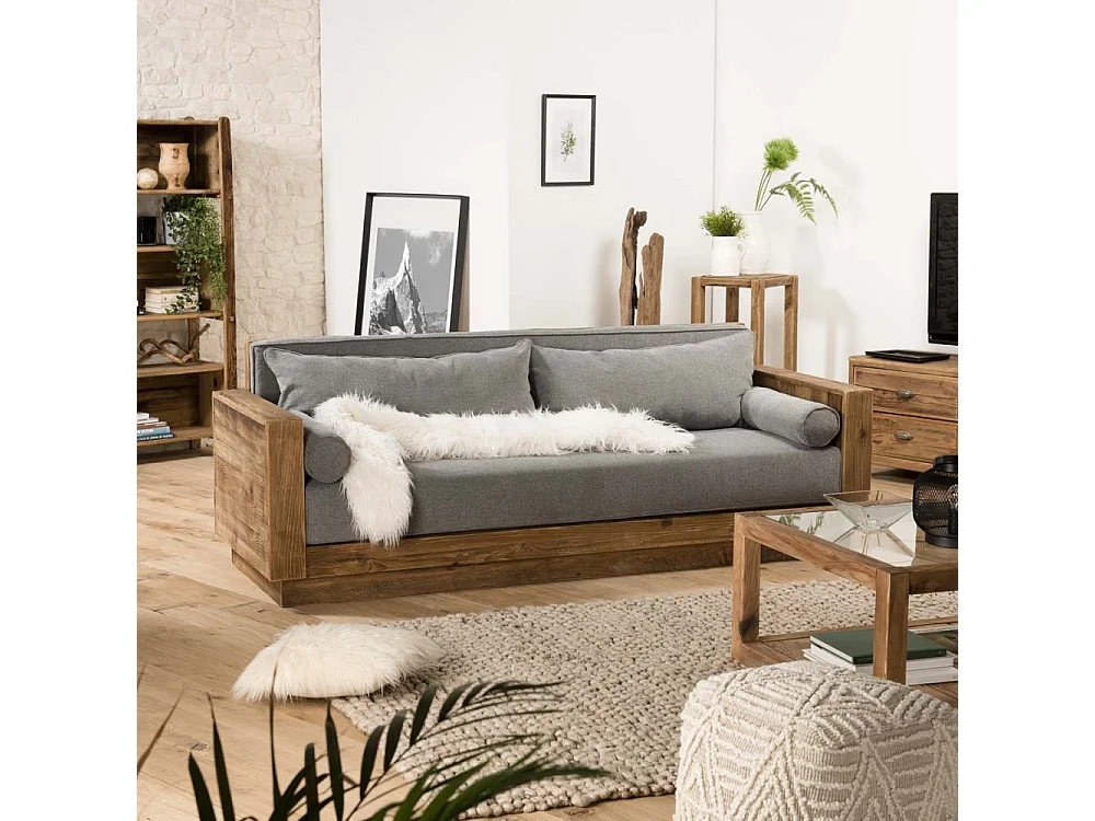SANDY - Canapé 3 places bois Pin recyclé marron tissu gris