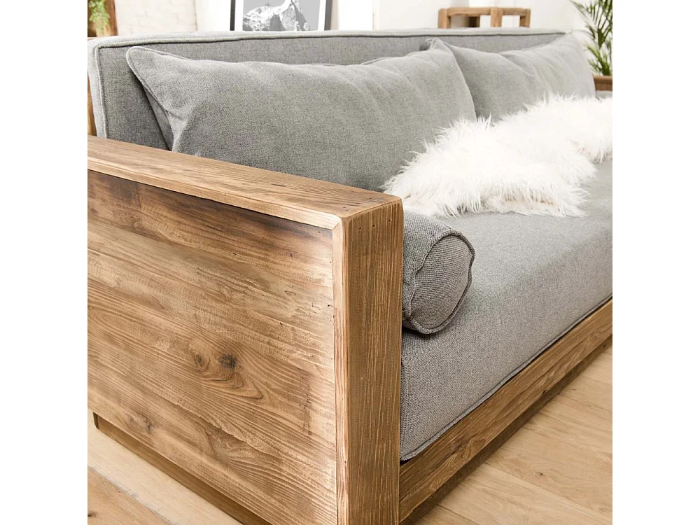 SANDY - Canapé 3 places bois Pin recyclé marron tissu gris