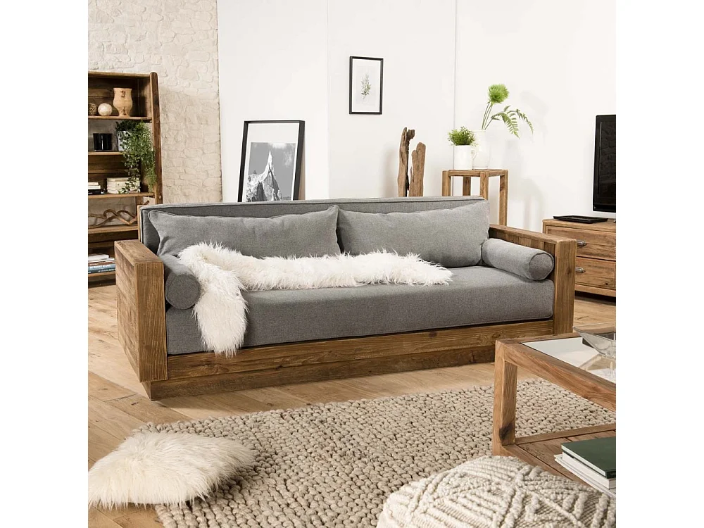 SANDY - Canapé 3 places bois Pin recyclé marron tissu gris