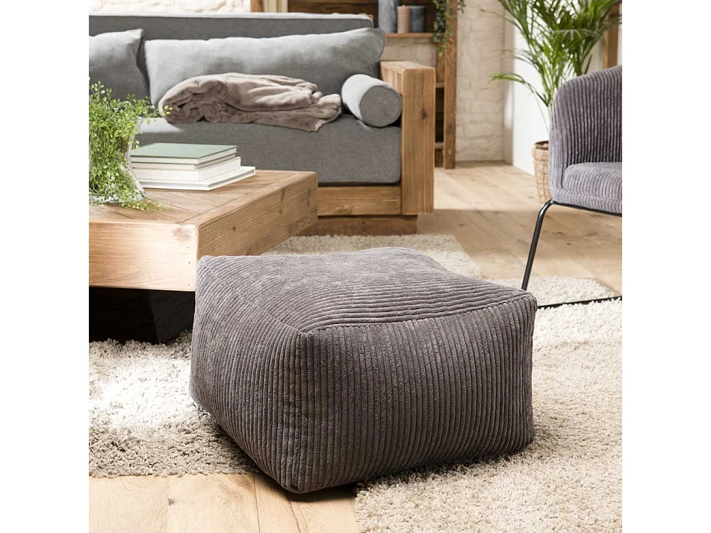AGATHE - Pouf carré 57x57cm tissu velours côtelé gris anthracite