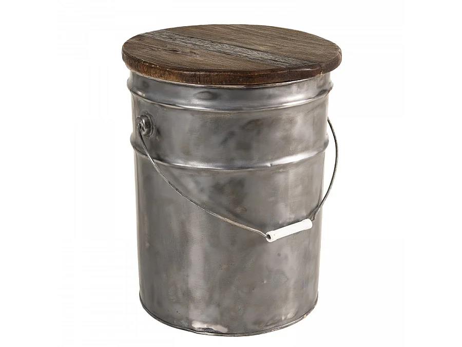 NOLAN - Tabouret rond 33x33cm bidon acier et bois recyclé - esprit Brocante