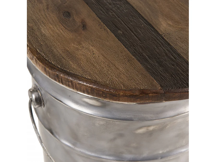 NOLAN - Tabouret rond 33x33cm bidon acier et bois recyclé - esprit Brocante