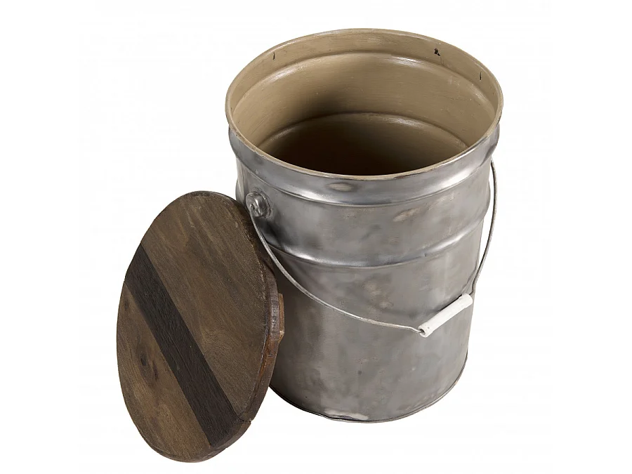 NOLAN - Tabouret rond 33x33cm bidon acier et bois recyclé - esprit Brocante