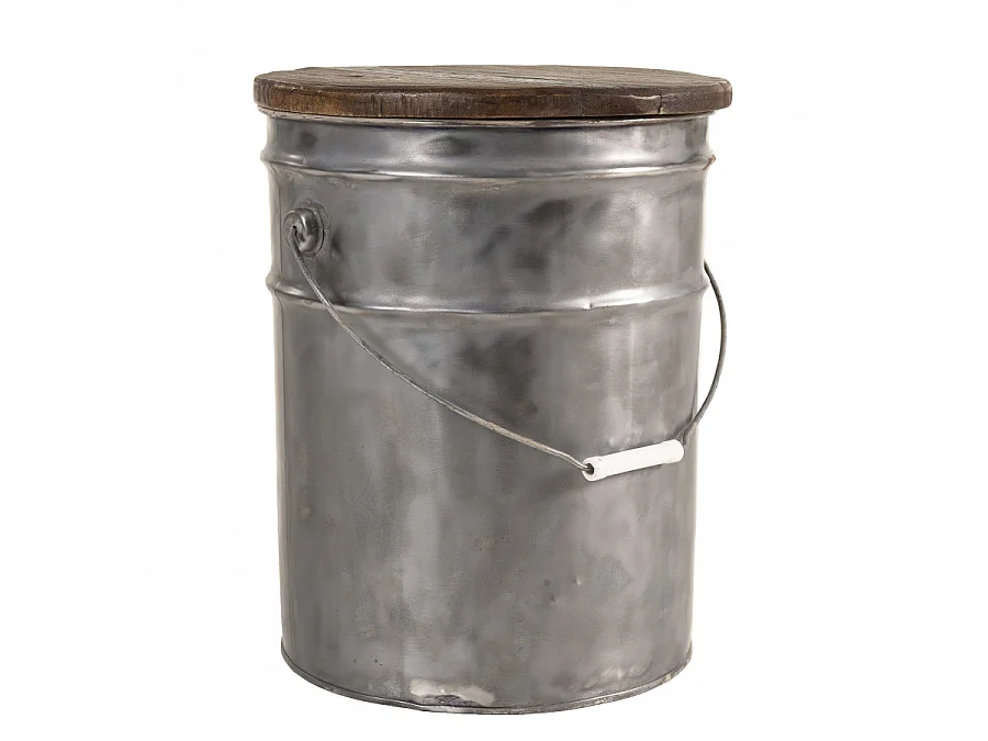 NOLAN - Tabouret rond 33x33cm bidon acier et bois recyclé - esprit Brocante