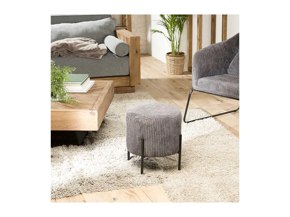 AGATHE - Tabouret rond 36x36cm tissu velours côtelé gris
