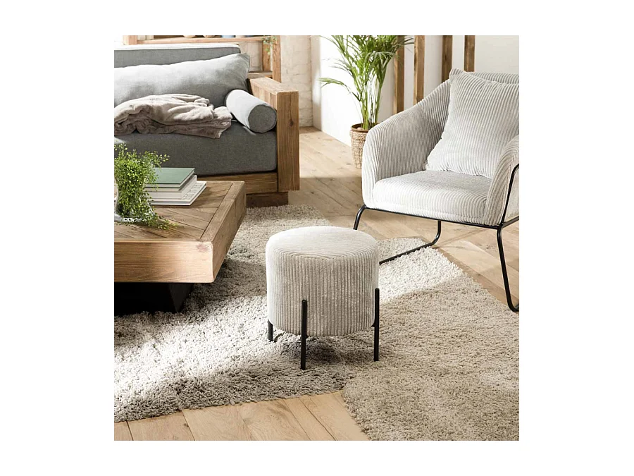 ALBANE - Tabouret rond 36x36cm tissu velours côtelé gris perle pieds métal
