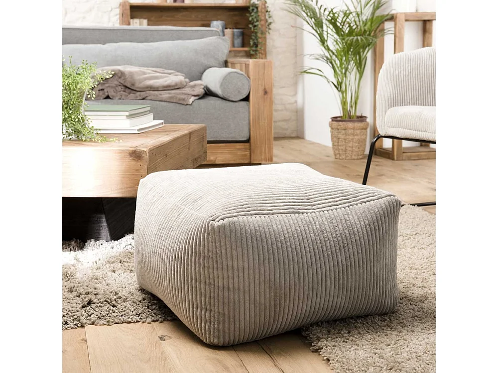 AGATHE - Pouf carré 57x57cm tissu velours côtelé gris