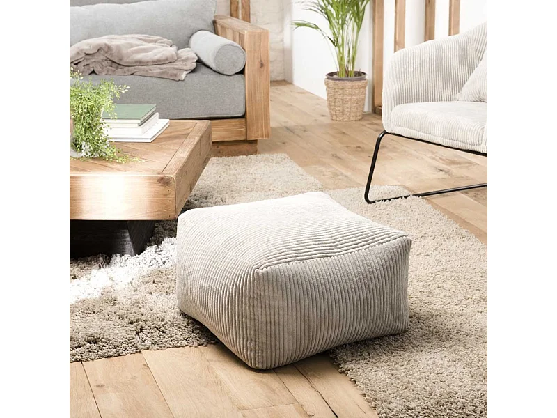 AGATHE - Pouf carré 57x57cm tissu velours côtelé gris