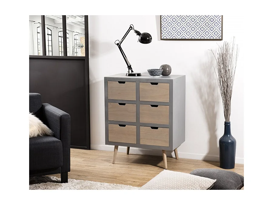 MARTIN - Commode grise 6 tiroirs beiges bois Pin