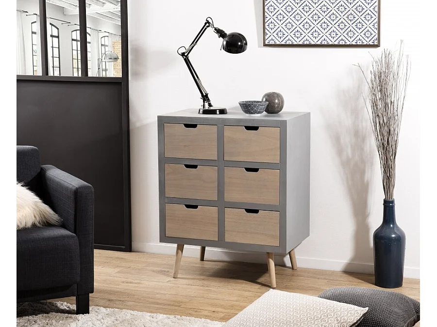 MARTIN - Commode grise 6 tiroirs beiges bois Pin