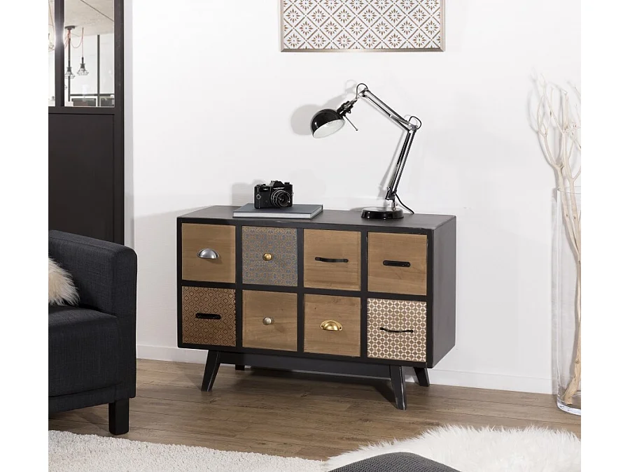 ROMAIN - Commode noire 8 tiroirs marrons motifs Pin