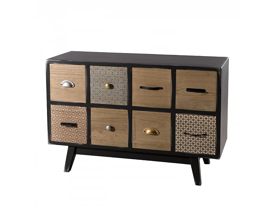 ROMAIN - Commode noire 8 tiroirs marrons motifs Pin