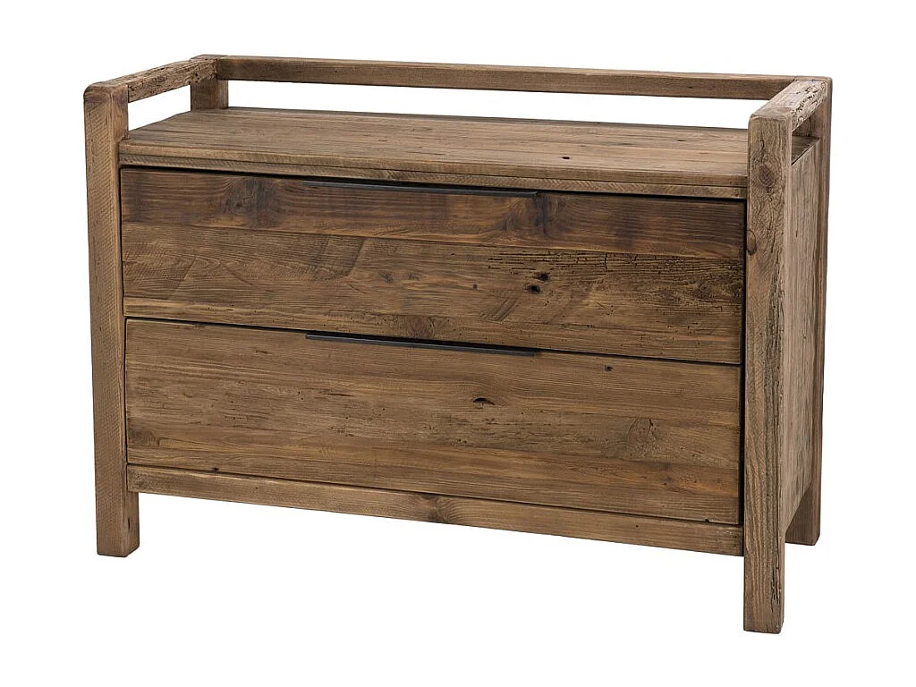 SANDY - Commode marron 2 tiroirs bois Pin recyclé poignées métal noir