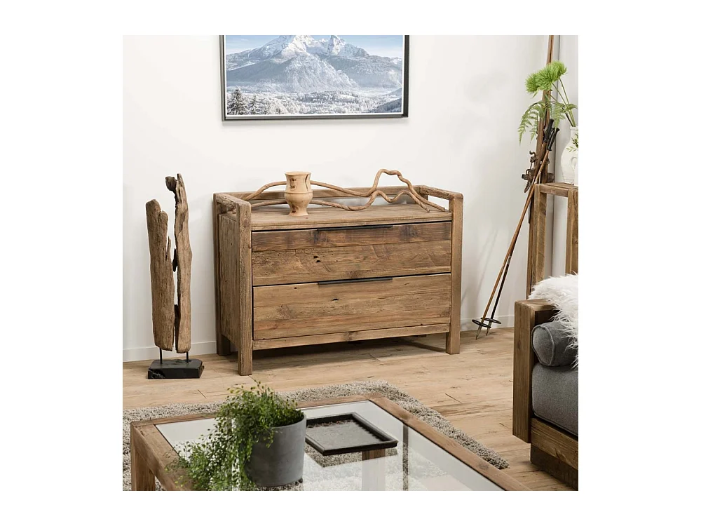 SANDY - Commode marron 2 tiroirs bois Pin recyclé poignées métal noir