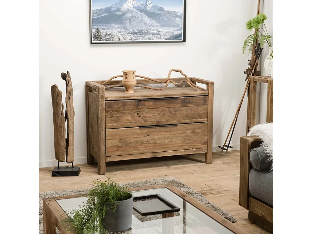 SANDY - Commode marron 2 tiroirs bois Pin recyclé poignées métal noir