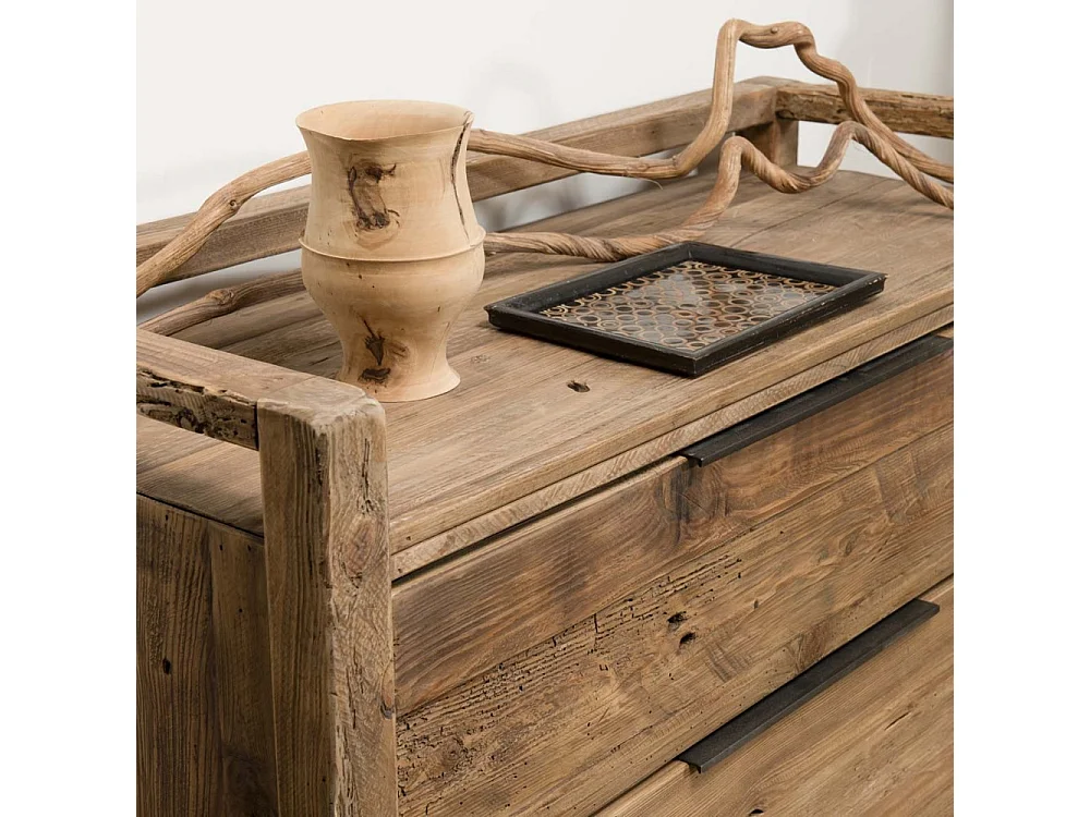 SANDY - Commode marron 2 tiroirs bois Pin recyclé poignées métal noir