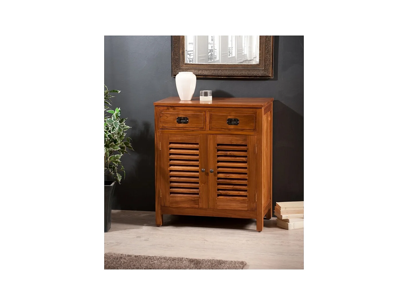 API - Bahut marron 2 portes persiennes 2 tiroirs bois Teck