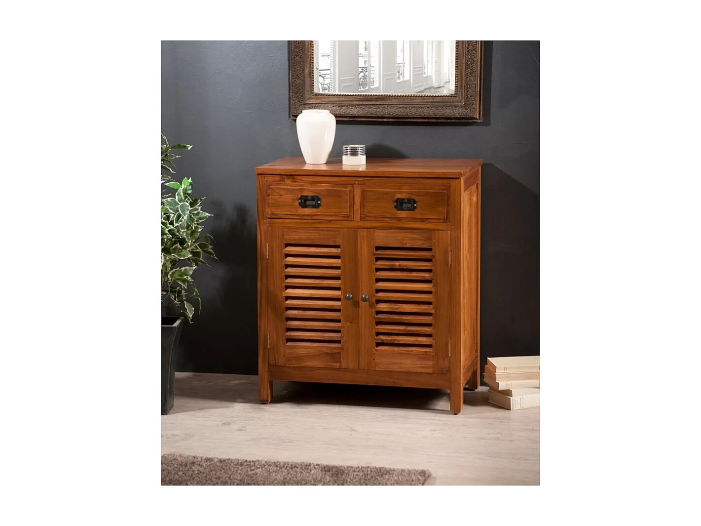 API - Meuble de rangement en bois teck 2 portes 2 tiroirs marron