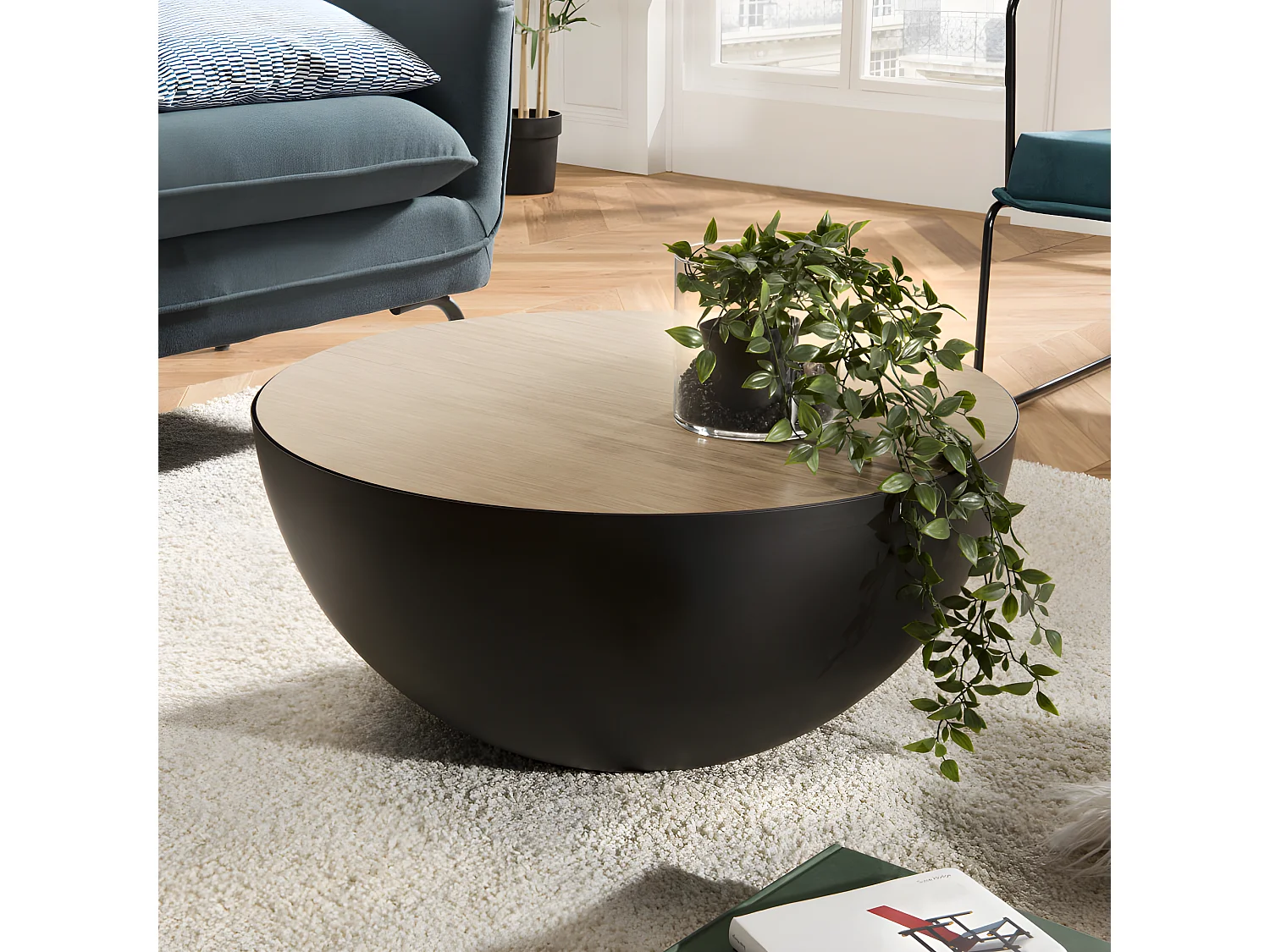 THEODORE - Table basse coque 70x70cm base métal plateau bois clair