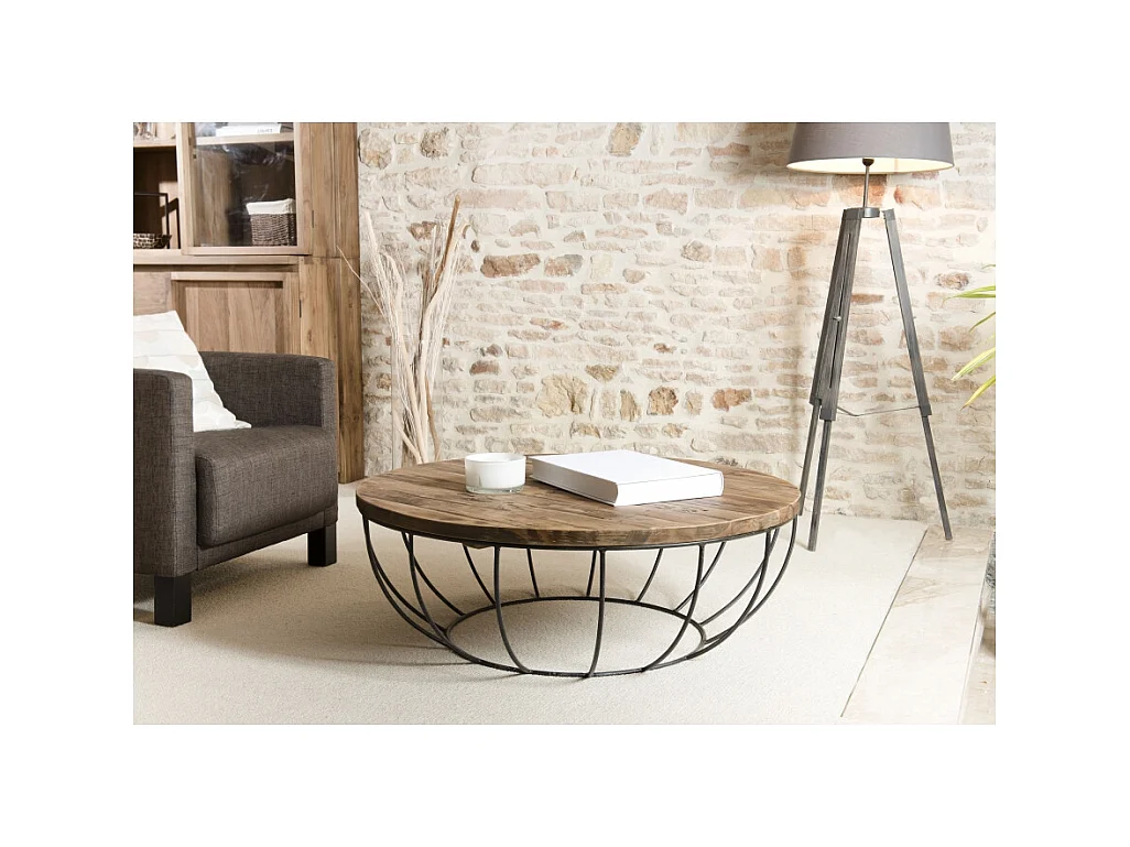 SIXTINE - Table basse coque ronde 100x100cm plateau teck recyclé piétement métal noir