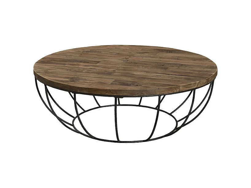 SIXTINE - Table basse coque ronde 100x100cm plateau teck recyclé piétement métal noir