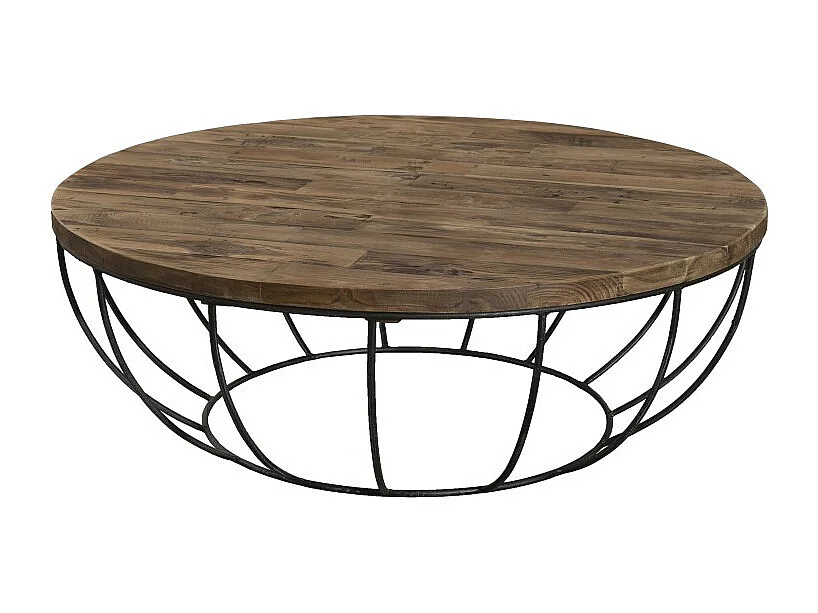 SIXTINE - Table basse coque ronde 100x100cm plateau teck recyclé piétement métal noir