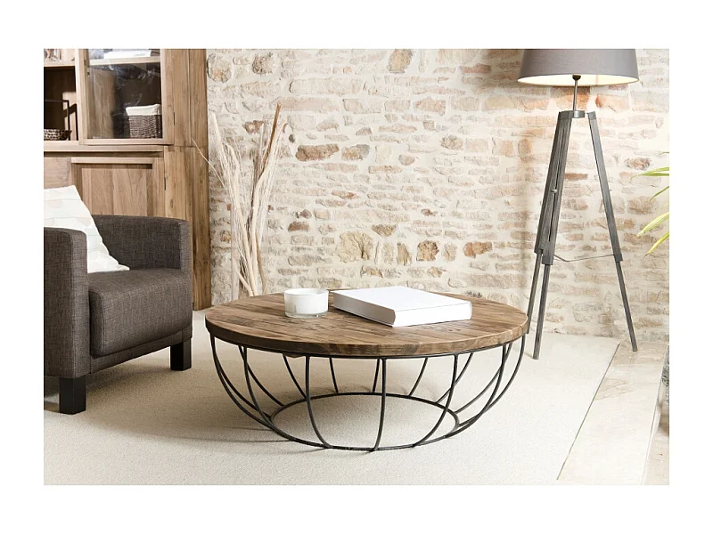 SIXTINE - Table basse coque ronde 100x100cm plateau teck recyclé piétement métal noir