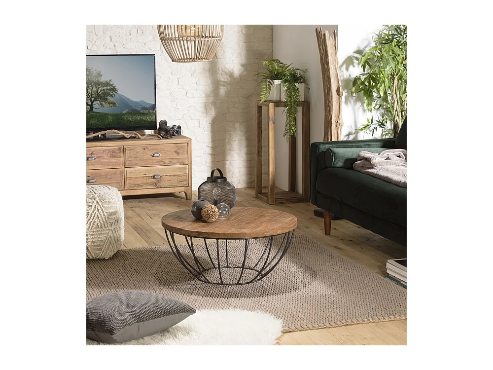 SIXTINE - Table basse ronde 80x80cm plateau bois teck recyclé noir