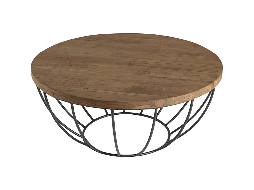 SIXTINE - Table basse ronde 80x80cm plateau bois teck recyclé noir
