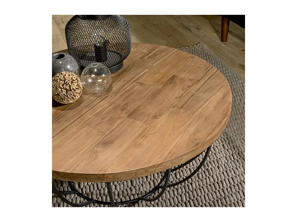 SIXTINE - Table basse ronde 80x80cm plateau bois teck recyclé noir