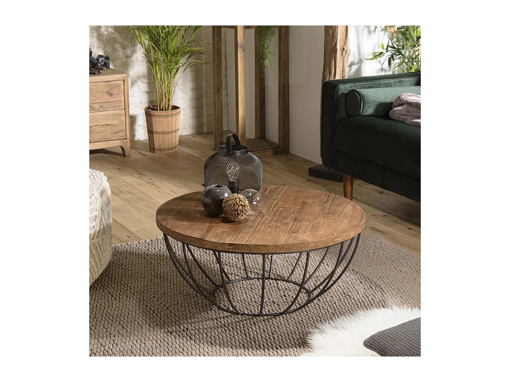 SIXTINE - Table basse ronde 80x80cm plateau bois teck recyclé noir