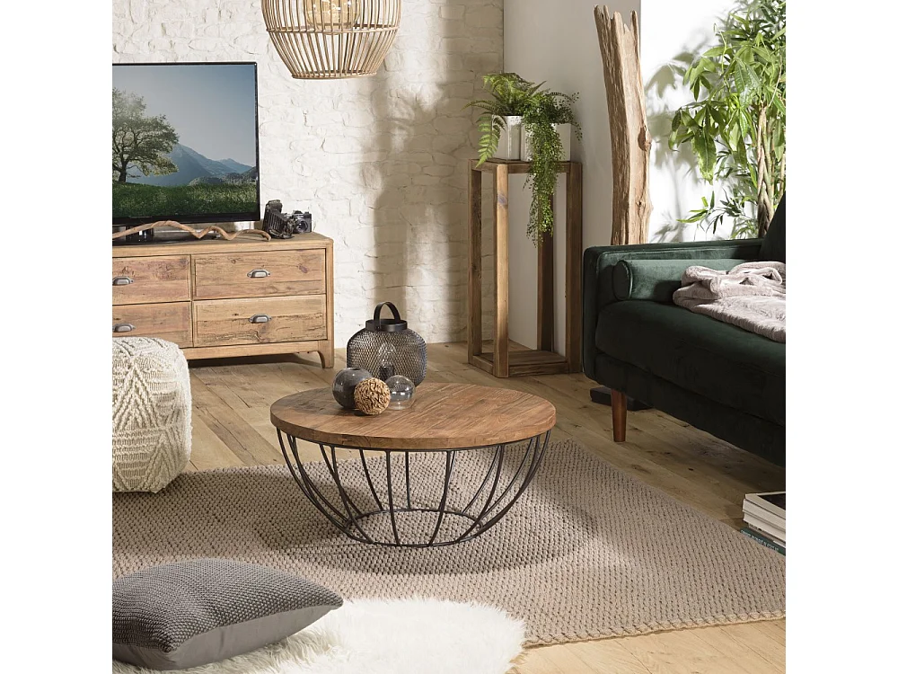 SIXTINE - Table basse ronde 80x80cm plateau bois teck recyclé noir
