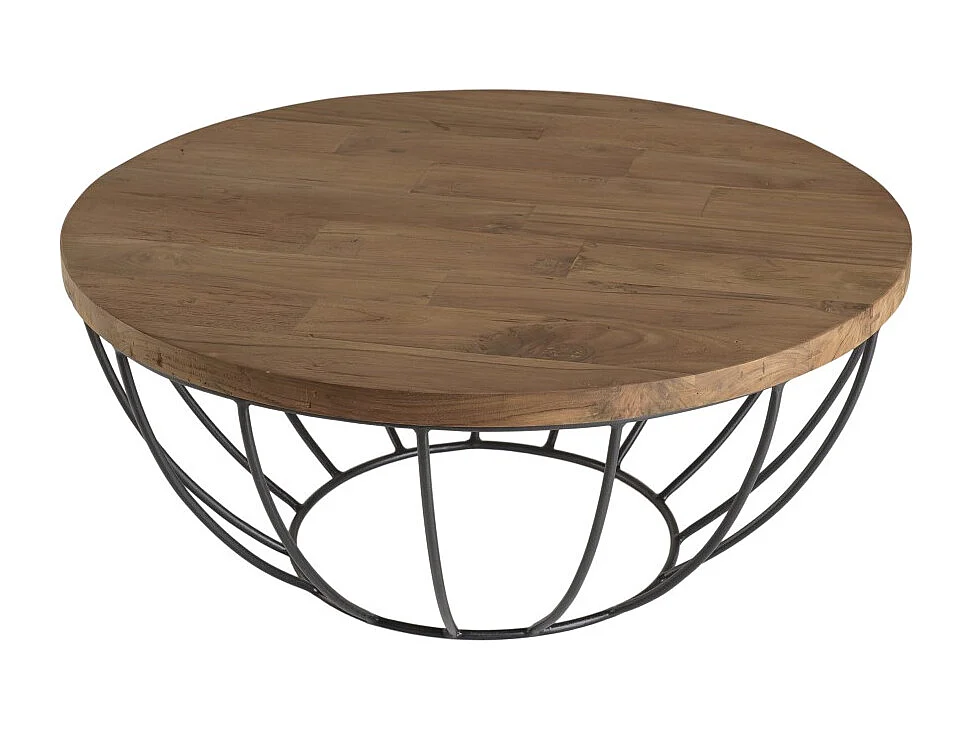 SIXTINE - Table basse ronde 80x80cm plateau bois teck recyclé noir