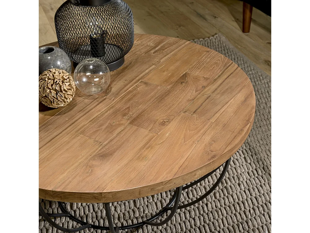 SIXTINE - Table basse ronde 80x80cm plateau bois teck recyclé noir