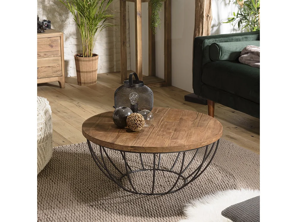 SIXTINE - Table basse ronde 80x80cm plateau bois teck recyclé noir