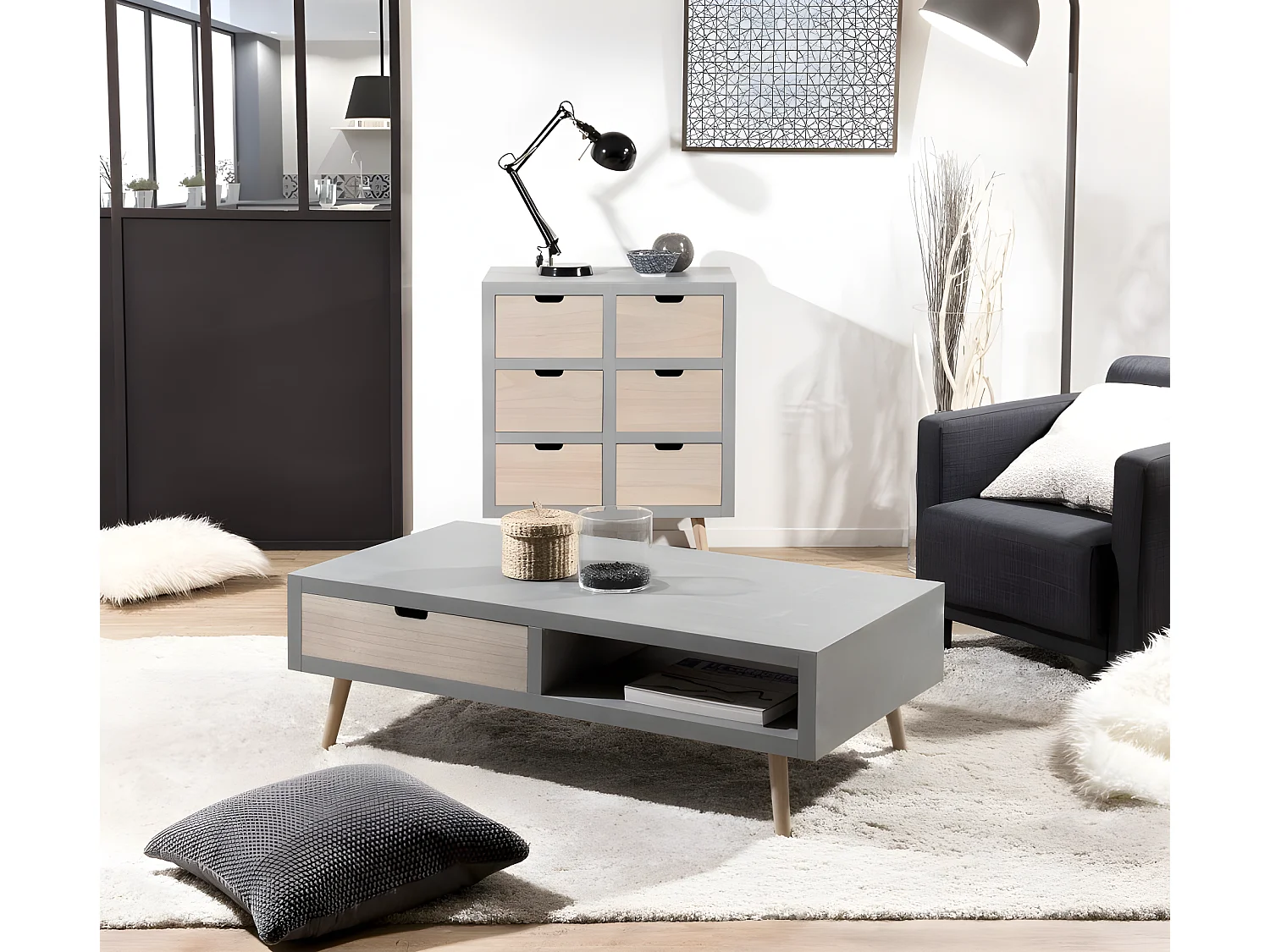 MARTIN - Table basse grise 1 niche 2 tiroirs beiges bois Pin