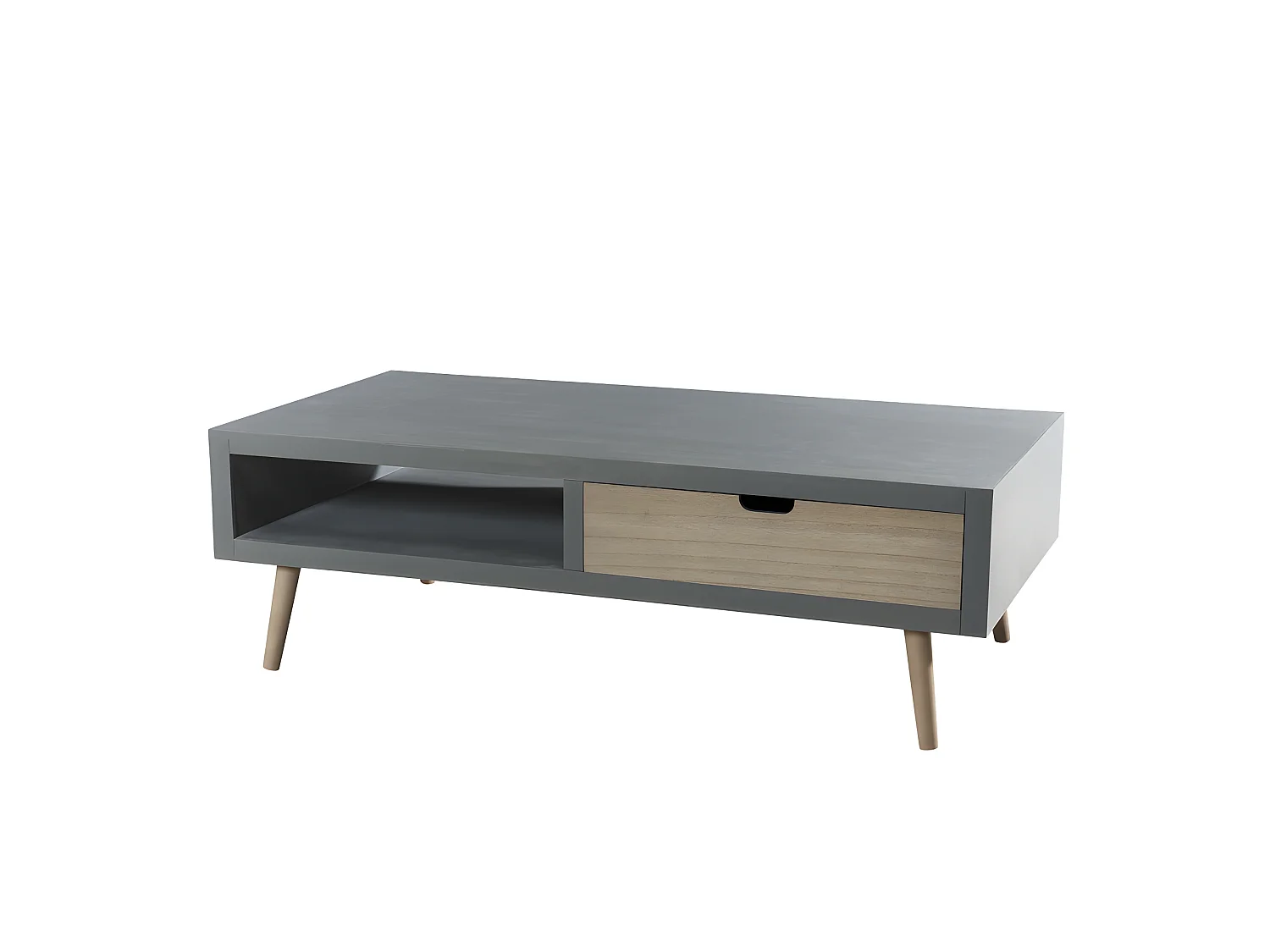 MARTIN - Table basse grise 1 niche 2 tiroirs beiges bois Pin