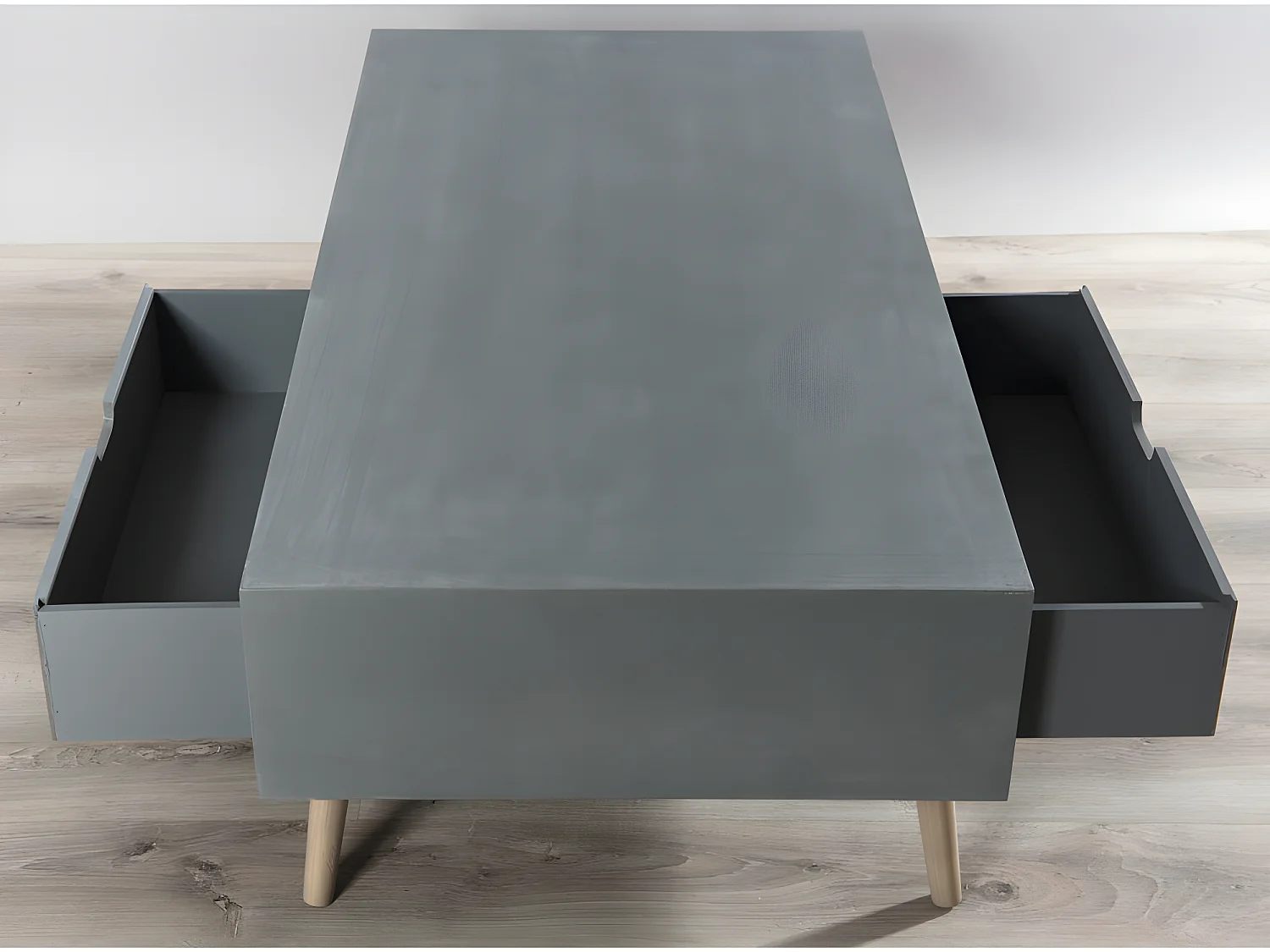 MARTIN - Table basse grise 1 niche 2 tiroirs beiges bois Pin