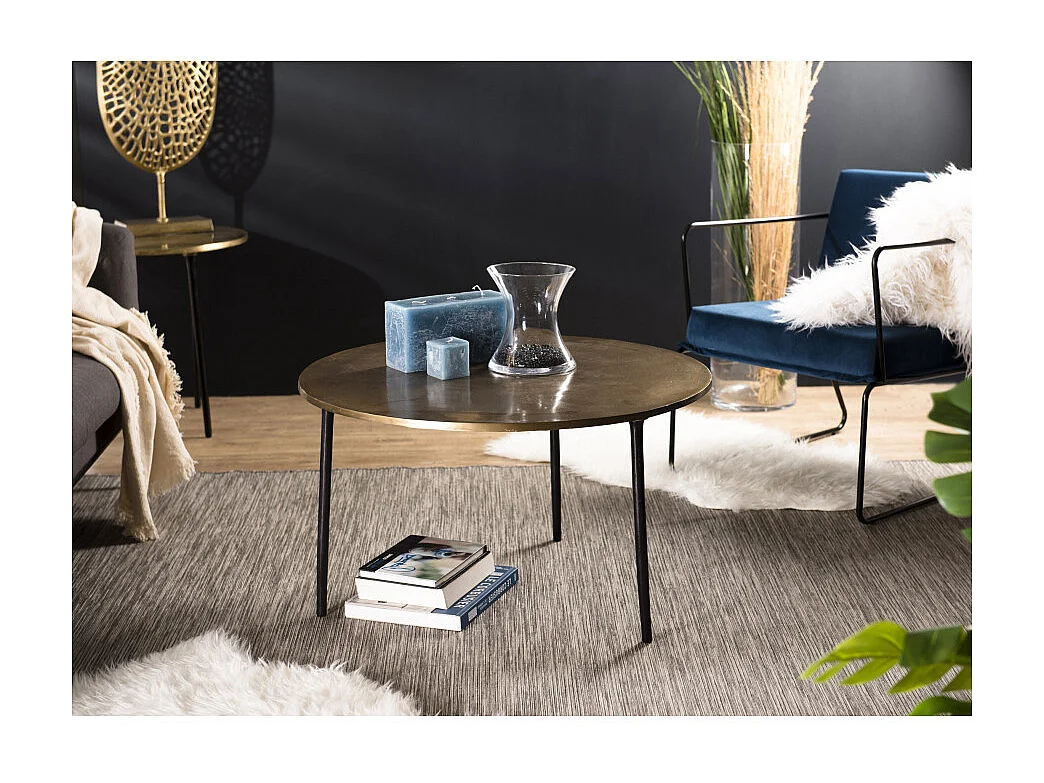 JOHAN - Table basse ronde 80x80cm plateau aluminium doré pieds noirs