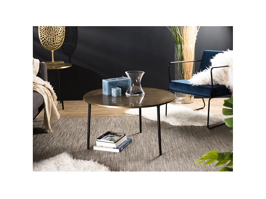 JOHAN - Table basse ronde 80x80cm plateau aluminium doré pieds noirs