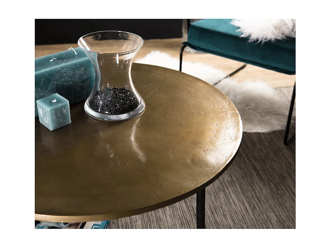 JOHAN - Table basse ronde 80x80cm plateau aluminium doré pieds noirs