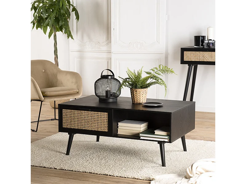 ANGELO - Table basse noire bois 2 tiroirs cannage 1 niche
