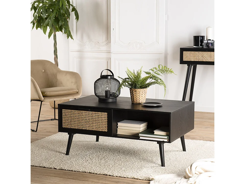 ANGELO - Table basse noire bois 2 tiroirs cannage 1 niche